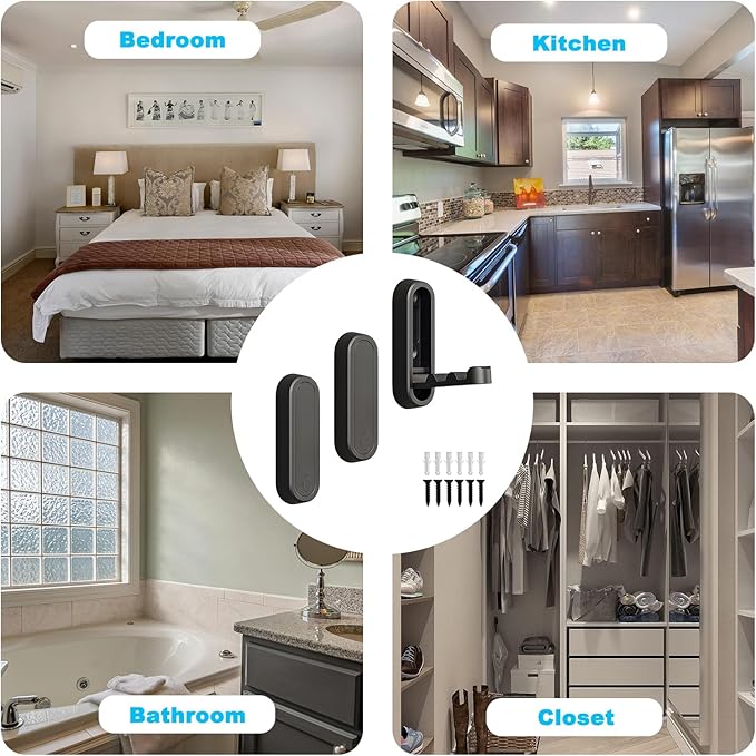 3 Pcs Folding Wall Hooks, Heavy Duty Metal Coat Hooks for Bedroom Closet, Bathroom Towel Hanger Wall Mounted Kitchen Hooks for Hanging Aprons, Brushes, Umbrellas, Keys, Hat, Bags (Black)