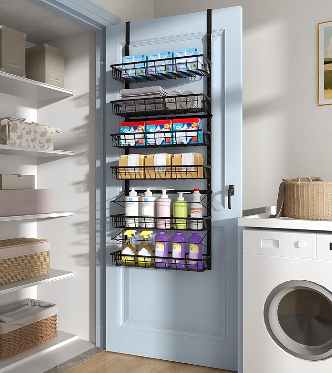 Over The Door Pantry Organizer, Pantry Storage and Organization, 6-Tier Adjustable Hanging Baskets, Metal Wall Mount Spice Rack Seasoning Shelves for Home & Kitchen, Laundry Bathroom - Black