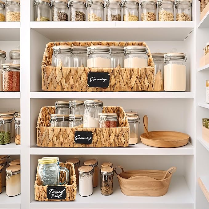 4 Pcs Water Hyacinth Storage Basket Set Wicker Rattan Pantry Basket with Chalkboard Label Handles Woven Container Kitchen Laundry Large Small for Shelves Food Home Bathroom Decor