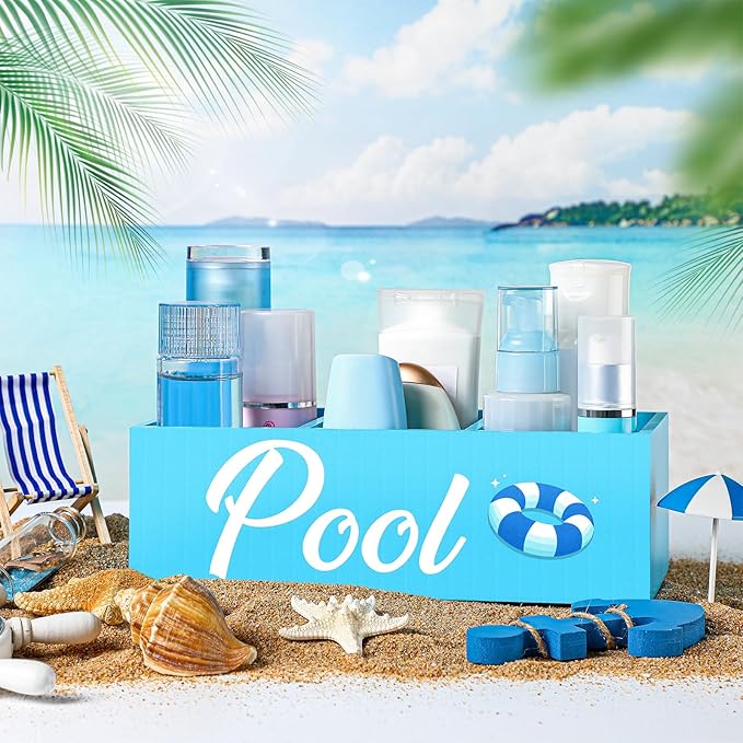 Pool Storage Basket Blue Summer Wooden Box with 3 Compartments Toilet Tank Tray for Indoor Outdoor Swimming Pool Decor Sunblock Sunglasses Beach Toy Storage Box