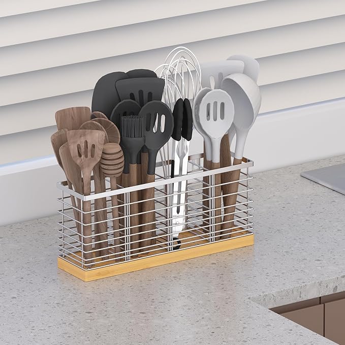 Suli Extra Large Kitchen Utensil Holder with 4 Compartments,Silvery Metal holder with Wooden Base for Countertop,Farmhouse Utensil Organizer for counter, Rustic Cooking Storage Caddy for Corner