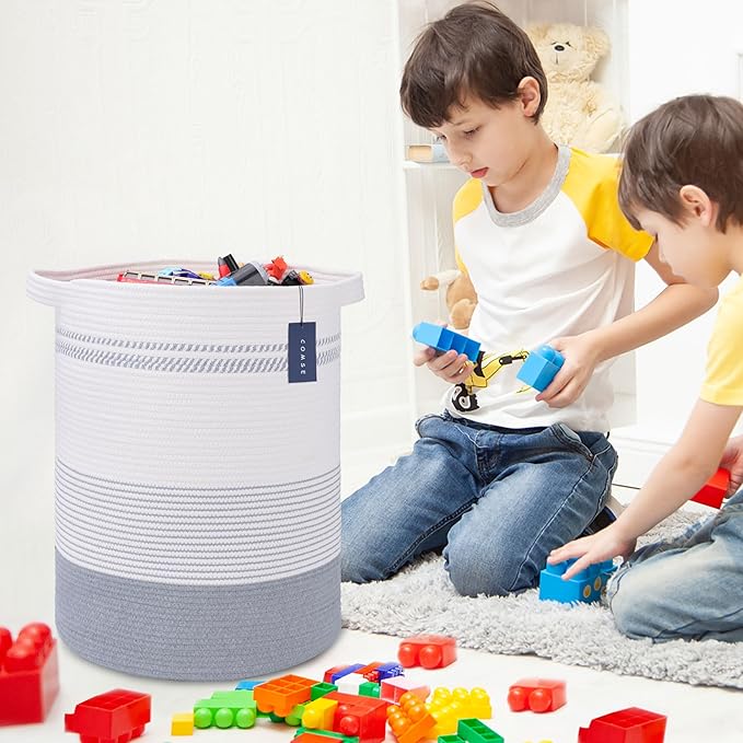 COMSE Extra Large Blanket Basket, Tall Laundry Basket, Nursery Hamper, 15.7âx 21.7â, Cotton Rope Woven Laundry Hamper for Storage Toys Clothes Towels, Light Gray & White