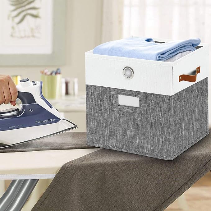 11x11 Cube Storage Organizer Bins Set of 4,foldable Storage Bins with Label,Cubby Storage Organizer with Metal pull ring and Leather Handles(Grey/White)