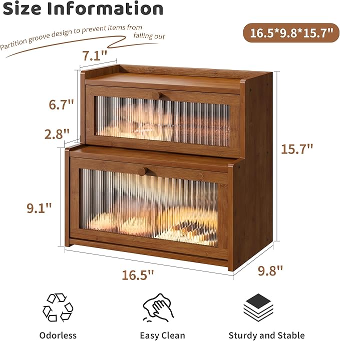 FILWH Bread Box for Kitchen Countertop Double Layer Large Corner Bread Box Capacity Bread Storage Bin Farmhouse Breadbox Container Organizer Cabinet Cupboard (Brown)