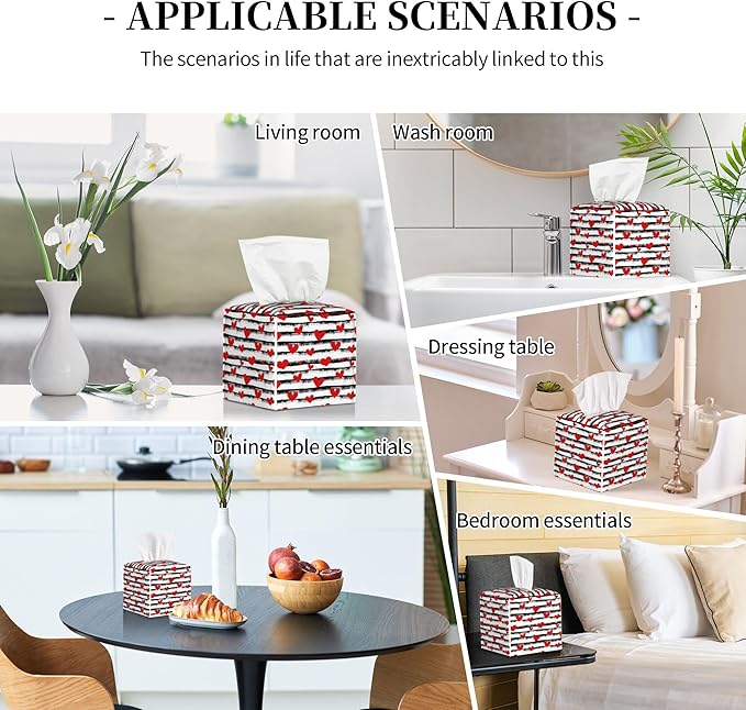 Tissue Box Holder Red Hearts on Black and White Stripes Tissue Box Cover Square Leather Tissue Holder Organizer Portable Decorative Facial Paper Case for Home Office Bathroom Vanity Countertop
