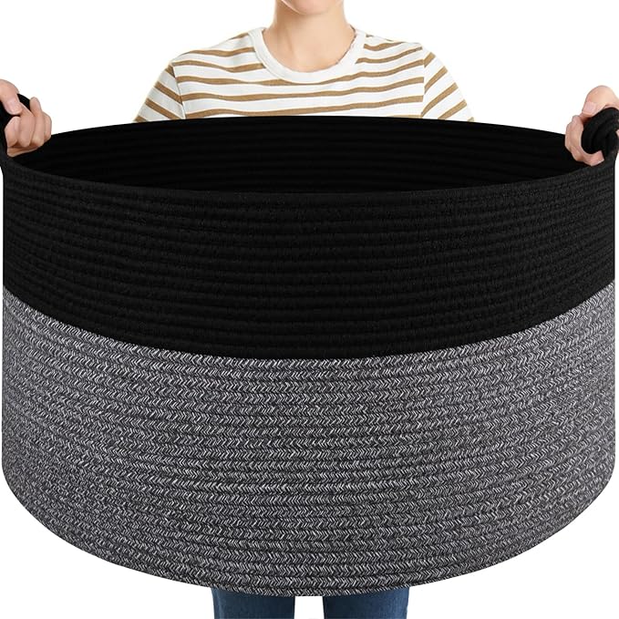 Large Blanket Storage Basket for Living Room, 22.8" x 22.8" x 13" Woven Cotton Rope Basket with Handles, Baby Toy Storage, Laundry Hamper for Clothes, Pillows, Towels-Black and Grey