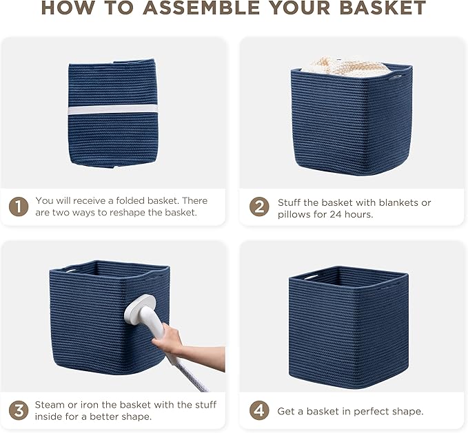 joybest 11inch Cube Storage Bins Set of 4, Cotton Rope Woven Organizer Basket for Shelves, Cube Bin Square Shelves Organizer Closet Storage, Nursery, Toy Organization, Navy Blue
