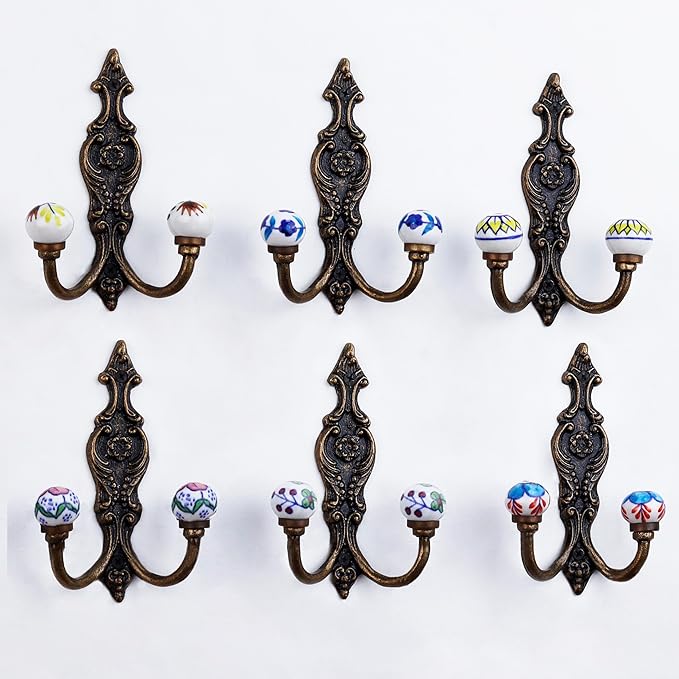 Indian Shelf Pack of 12 Heavy Duty Double Prong White Decorative Coat Hooks Unique Coat Rack Wall Mount Ceramic Wall Hooks for Hanging Towel Holder Backpack Purse Hanger- Style 11