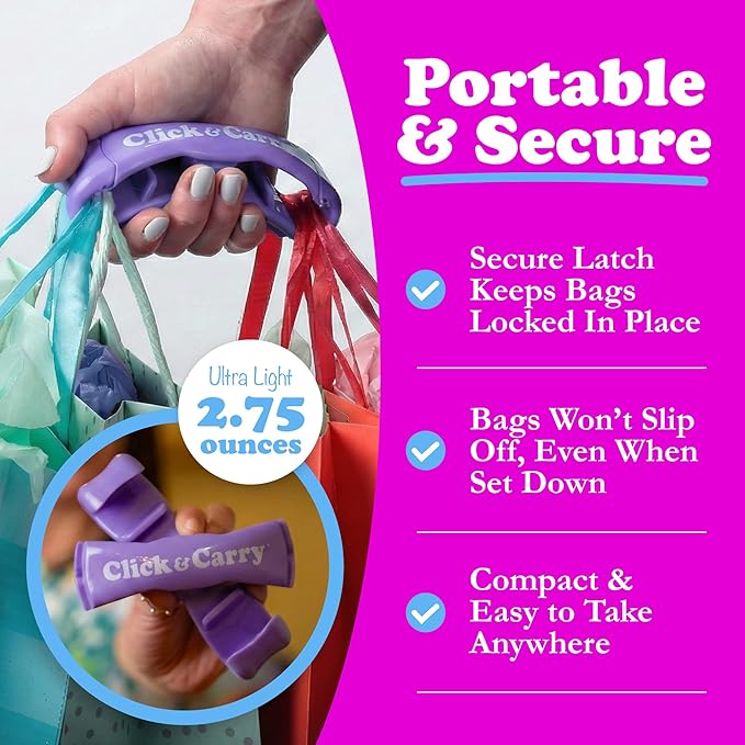 Click & Carry Grocery Bag Carrier Handle - Carry More in Fewer Trips, 100lb Capacity, Hands-Free, Gel-Padded Ergonomic Design, Shopping & Grocery Bag Holder - As Seen On Shark Tank, Purple, 1 Pack