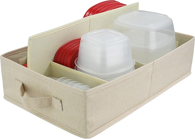 Food Storage Container Organizer Box – A Kitchen Drawer Organizer Compatible with Rubbermaid, Glad Containers and Lids – Adjustable Foldable Cloth Box