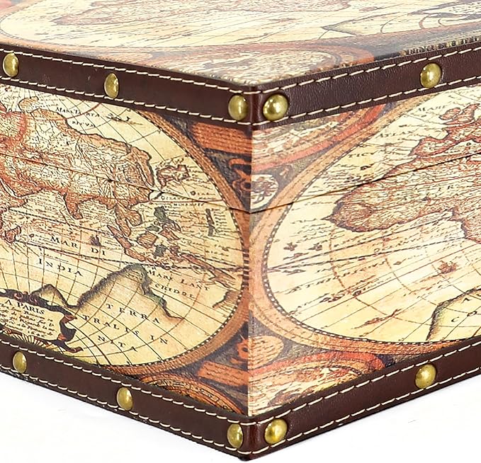 Jolitac Wooden Storage Box Set of 3, Antique-Looking Storage Containers with Secret Compartments Vintage Nesting Keepsake Chests for Jewelry, Cash, Photos Travel-Friendly & Stackable (Map)