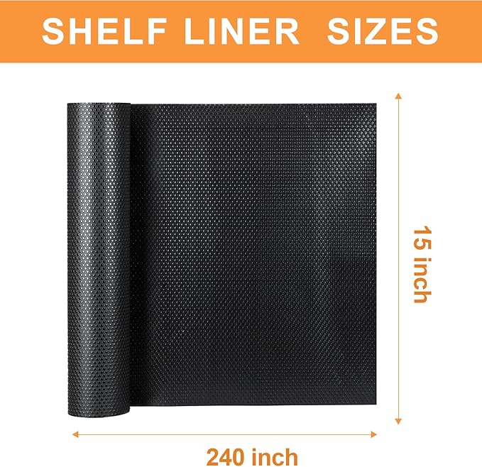 FLPMIX Shelf Liners for Kitchen Cabinets: 15" x 240" Black Easy to Cut Drawer Liner - Non-Adhesive Waterproof Cupboard Mat for Pantry Shelving