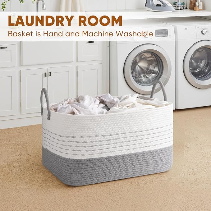 Large Blanket Basket for Living Room, 75L Woven Storage Baskets for Organizing, Rectangle Cotton Rope Toy Basket With Handles-Grey & White