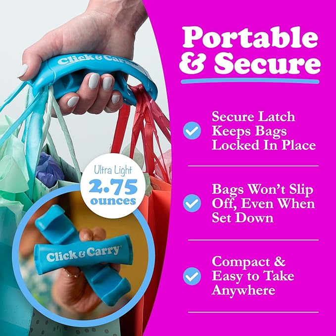Click & Carry Grocery Bag Carrier Handle - Carry More in Fewer Trips, 100lb Capacity, Hands-Free, Gel-Padded Ergonomic Design, Shopping & Grocery Bag Holder - As Seen On Shark Tank, Blue, 1 Pack