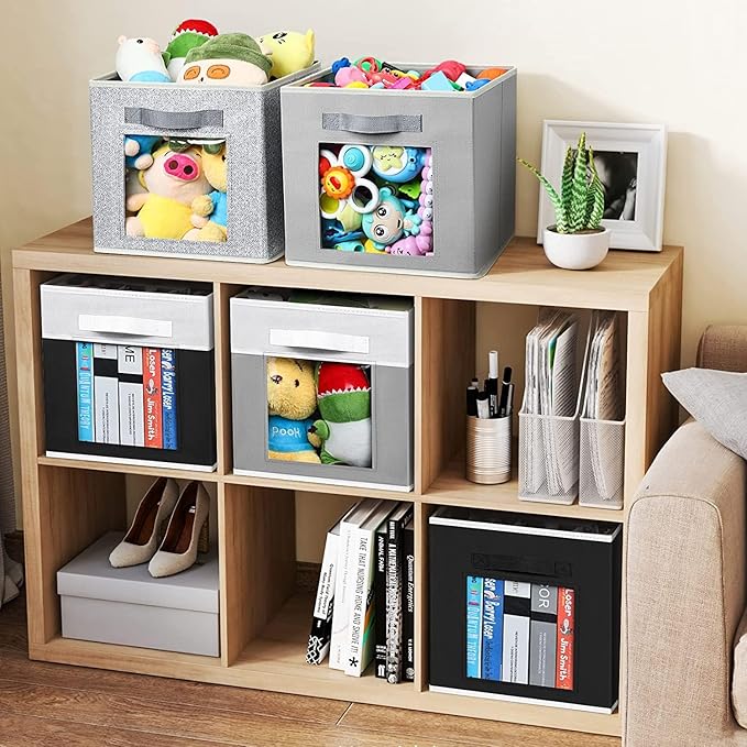 Storage Cube 11 Inch - Cube Storage Bins with Window, Closet Storage Baskets with Handle, Fabric Bins for Closet, Shelves, Toys, Clothes, Set of 6, Grey