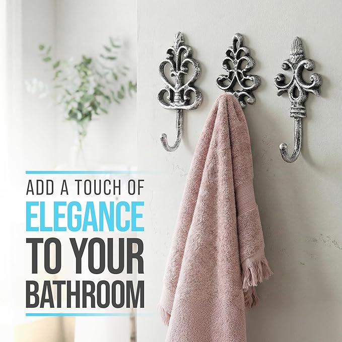 Comfify Shabby Chic Decorative Wall Hooks - Set of 3 - Cast Iron French Country Wall Decor - Farmhouse Hangers for Coats, Purses and More - Silver with Black