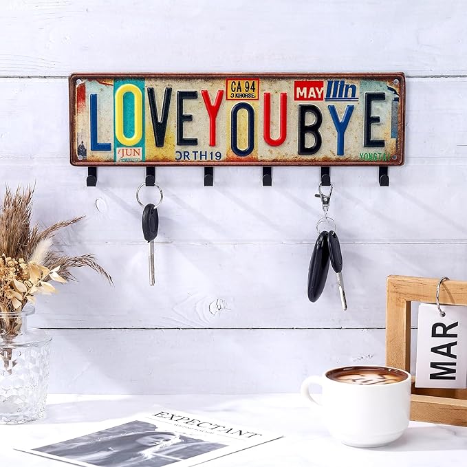 Key Holder Wall Mount Love You Bye Key Holder Hook Rack Organizer Hanger with 6 Hooks for Wall Express Love Art Sign Decor for Entryway Front Door(Vintage Style,11.8 x 4)