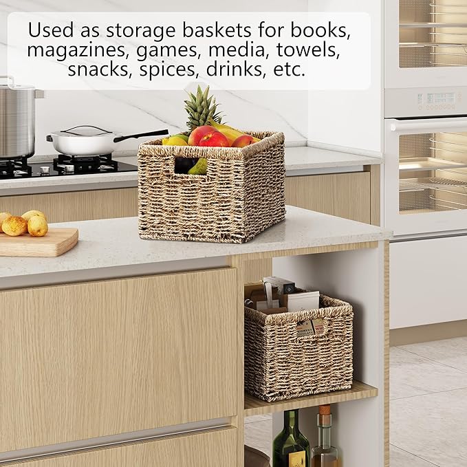 Vagusicc Wicker Basket, Baskets for Organizing, Storage Basket with Handles, Sea Grass Storage Baskets for Shelves, Bathroom, Pantry Organizers, Large Wicker Baskets (15x10x8.5 inch, 2 Pack)