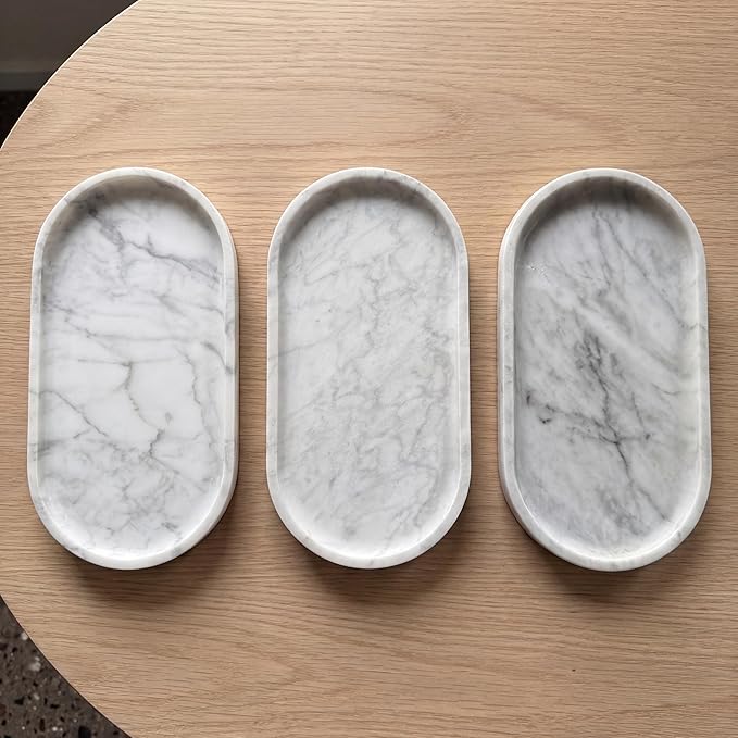 YKAJO 11.6" x 5.9" Oval Real Marble Tray for Bathroom & Kitchen Counter รขยย 100% Natural Stone Decorative Vanity Tray for Dresser & Perfume รขยย Heavy Catchall Organizer for Soap & Jewelry, White Gray