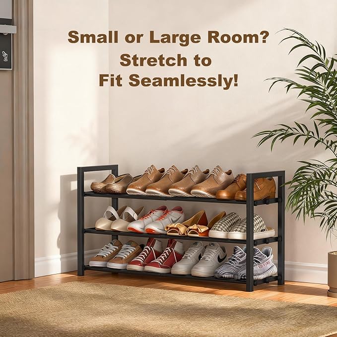 3-Tire Expandable Shoe Rack for Closet, 17"-31" Adjustable Free Standing Shoe Shelf Storage Fits 6-12 Pairs Shoes, Heavy Duty Reinforced Metal Shoes Organizer for Entryway Doorway Dorm