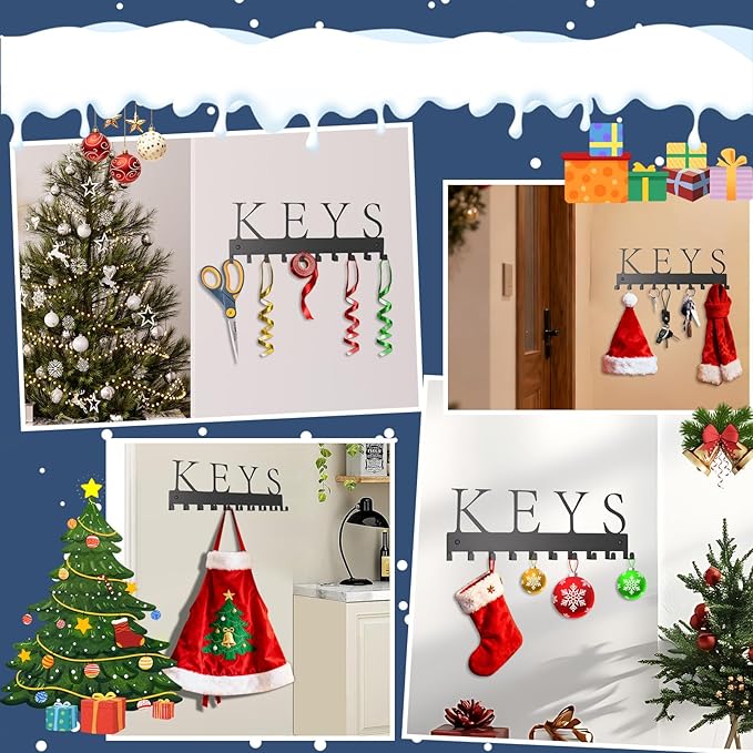 GPANDAG 2 Pack Key Holder Wall Mount with 20 Key Hooks, 10.2"x3.6" 20LB Metal Key Hanger for Kitchen/Living Room/Entryway/Apartment | Key Rack Hold Coat, Leash, Christmas/Home Decor | Dual Mount, KEYS