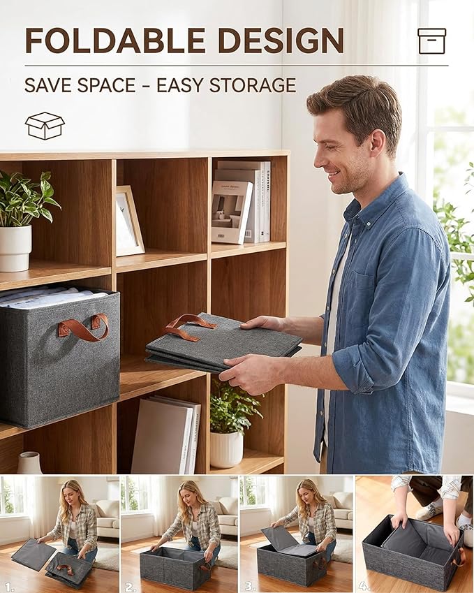 4 Pack Large Capacity Closet Storage bins, Foldable Storage Bins for Shelves, Large Fabric Closet Organizers with Handles for Clothing, Toys, Books, Shelves