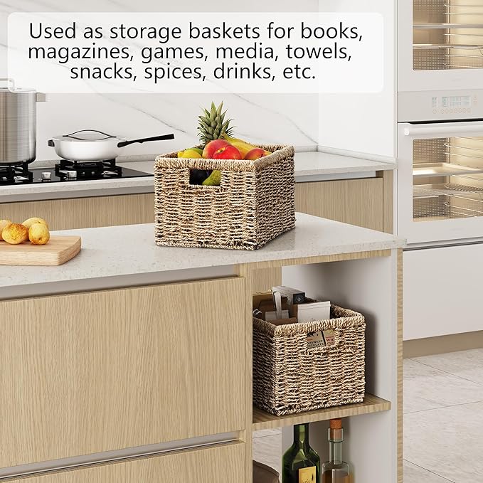Vagusicc Wicker Storage Basket, Set of 2 Hand-Woven Sea Grass Storage Baskets for Organizing, 17 inch Small Wicker Basket for Shelves, Foldable Cube Organizer Bins for Bathroom