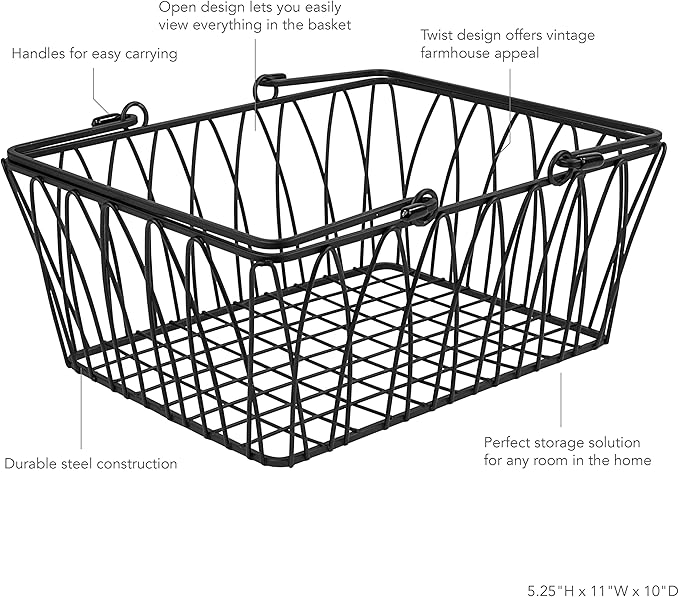 Spectrum Black Wire Basket with Handle Organizer for Kitchen Bathroom Closet Cabinet Storage, Sturdy Farmhouse Twist Wire Metal Pantry Basket with Handles for Home Decor Organization or Gift Basket