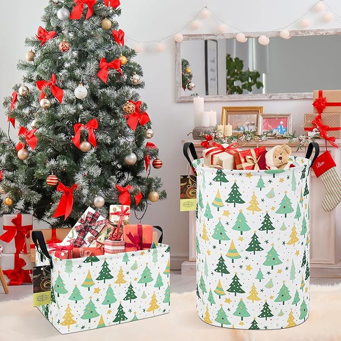 HUNRUNG Laundry Hamper,Large Canvas Fabric Lightweight Storage Basket Toy Organizer Dirty Clothes Collapsible Waterproof for College Dormsï¼Round-Green treeï¼