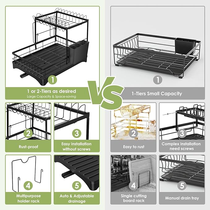 Dish Drying Rack, Dish Racks for Kitchen, 1 Tier or 2 Tiers Large Dish Drainer Organizer with Utensil Holder, Kitchen Counter Organizers and Storage Rack with Drainboard, Screw-Free Mounting (Black)