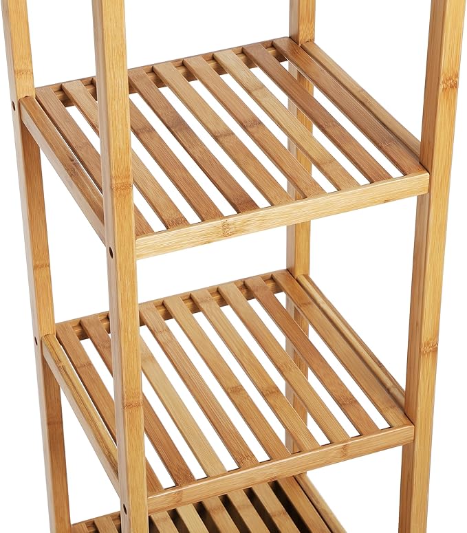 SONGMICS Bamboo Bathroom Storage Floor Cabinet, 4 Tiers Multifunctional Floor Shelving Unit, Free Standing Tower Corner Rack, Natural UBCB50Y