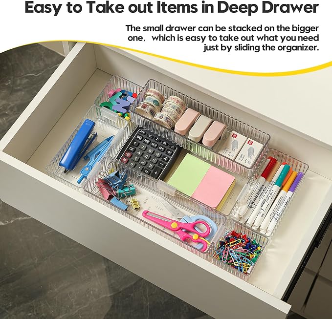 7 PCS Clear Drawer Organizer Bins with Locking Clips, Interlocking Non-Slip Stackable Drawer Trays, 4 Sizes for Makeup Vanity, Bathroom, Office & Kitchen