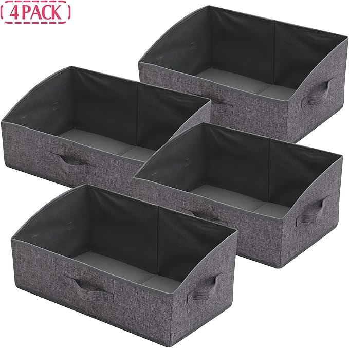 4 Pack Trapezoid Large Foldable Closet Storage Bins with Handle, Fabric Storage Organizer Cube Cloth Containers Linen Box Shelf Baskets for Clothes Clothing Shelves Wardrobe