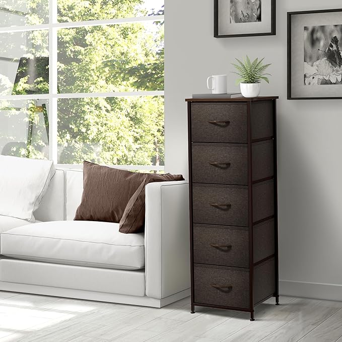 Sorbus Nightstand with 5 Drawers - Bedside Furniture & Night Stand End Table Dresser with Steel Frame, Wood Top, Easy Pull Fabric Bins for Home, Bedroom Accessories, Office & Dorm