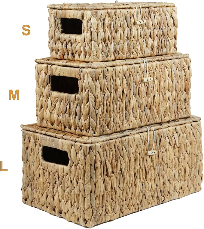 Set of 2 Wicker Basket with Lid, Rectangular Water Hyacinth Storage Baskets for Organizing, Decorative Woven Basket Bins Boxes for Organizing Home