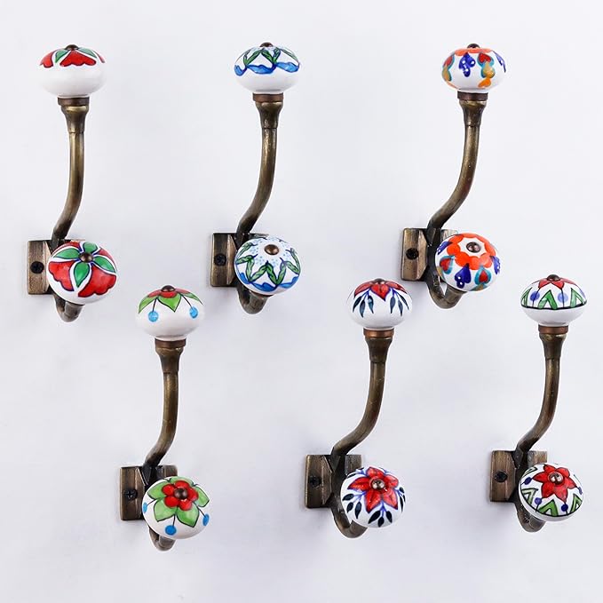 Indian Shelf Pack of 12 Heavy Duty Double Prong Multicolor Decorative Coat Hooks Unique Coat Rack Wall Mount Ceramic Wall Hooks for Hanging Towel Holder Backpack Purse Hanger- Style 10