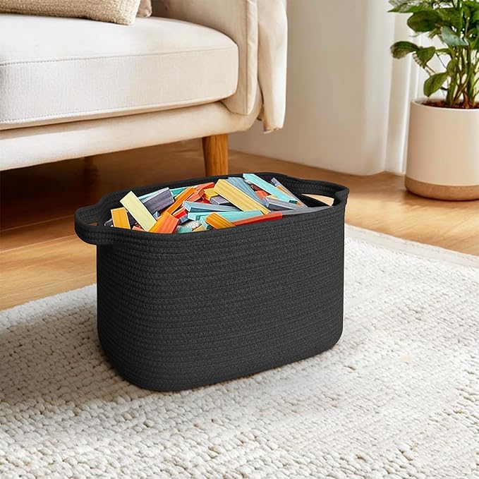 Black Woven Storage Basket - 15"x9"x11" Cotton Rope Basket for Organizing Shoes, Toys, Books, Towels, Rectangular Decorative Dog Toy Bin Box, Wicker Storage Bin for Entryway, Shelf, Gift Use