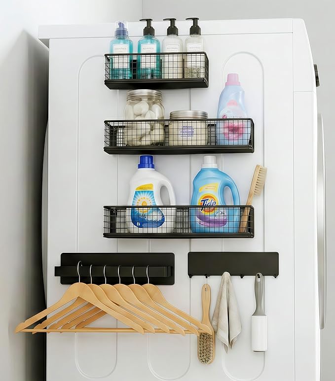 Magnetic Organizer For Refrigerator,With Spice Rack,Hooks Paper Towel Holder Utensils Racks, For Traeger Grills Of Washing Machine Side (Black, 5-Pack)