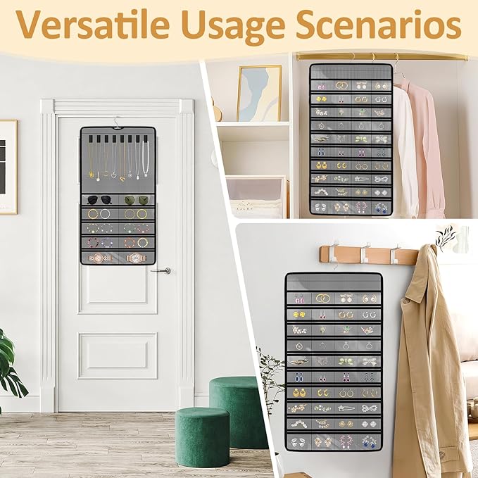 Hanging Jewelry Organizers and Storage, Double-Sided Jewelry Necklace Holder for Jewelries, Earrings, Accessories, Rings on Closet, Door, Wall (1,Gray)