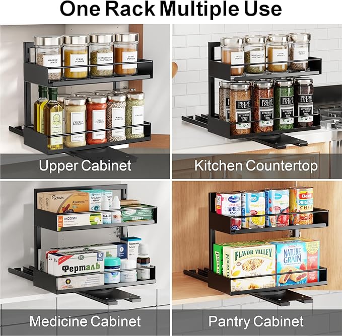 iSPECLE Spice Rack Organizer for Cabinet - 2 Pack Rotate Pull Out Spice Racks for Easy Access, Adjust Height to Fit 4 oz to 8 oz Spice Jars, Peel and Stick, 10.2" D for Small Kitchen Cabinet