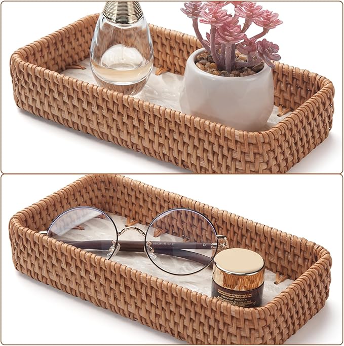 YANGQIHOME Jewelry Tray, Rattan Jewelry Organizer with White Leaf Base â Decorative Jewelry Organizer Dish for Rings, Watches, Keys â Ideal for Bedroom, Living Room, Entryway, Natural
