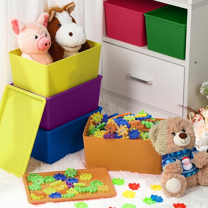 Menkxi 6 Pcs Storage Bins with Lids Small Plastic Storage Containers Stackable Storing Baskets Box Cute Organizer Bins for Organizing Shelves (Colorful)