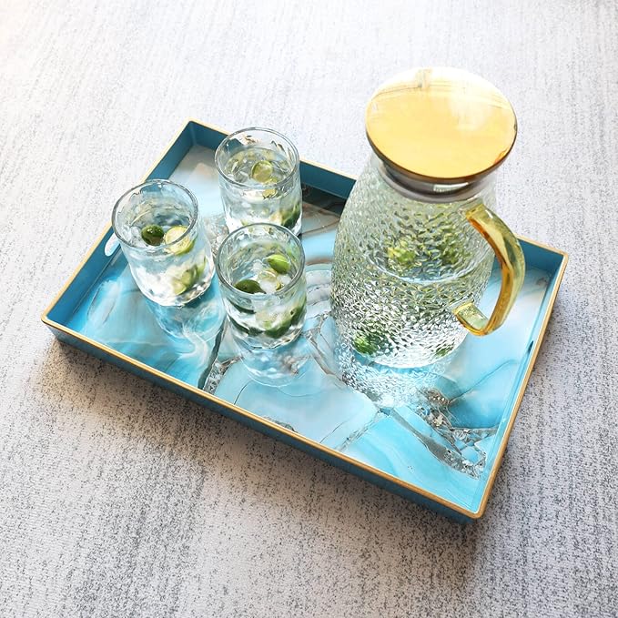 Spsyrine Decorative Tray, Plastic Marble Serving Tray with Handles for Breakfast, Ottoman, Coffee Table, Bathroom, Kitchen, Living Room 15.6â X 10.2"