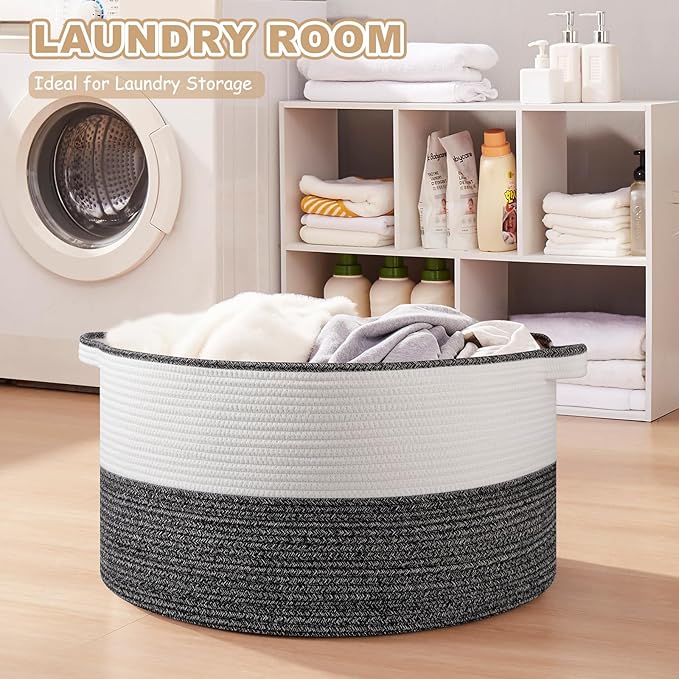 Large Blanket Basket with Handles, 22.8" x 22.8" x 13" Woven Storage Basket for Living Room, Cotton Rope Baby Toy Storage for Clothes, Pillows, Towels-Black & White