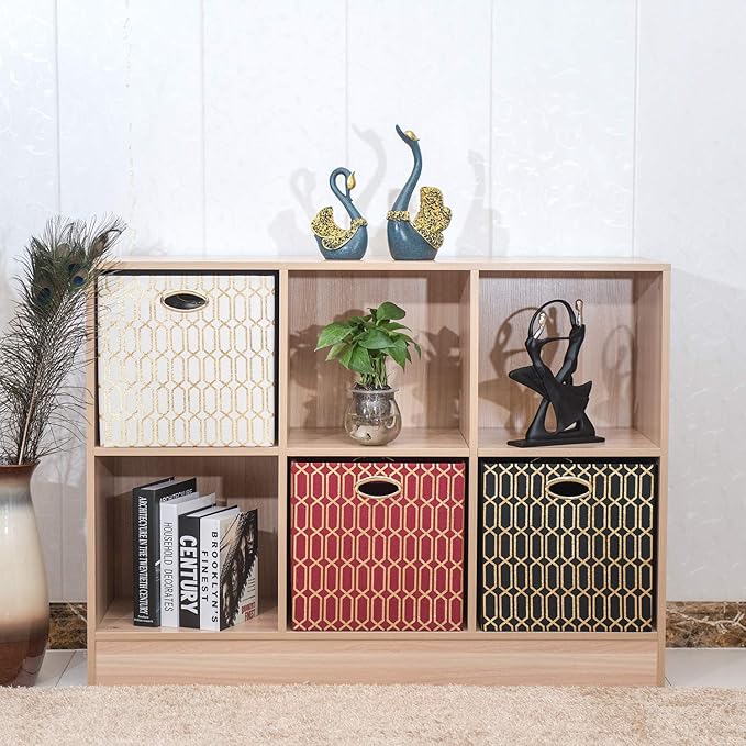 Posprica Storage Bins, Storage Cubes, 11Ã11 Fabric Drawers Organizer Basket Boxes Containers (11Ã11Ã11/4pcs, Cream/gold geometry Pattern)