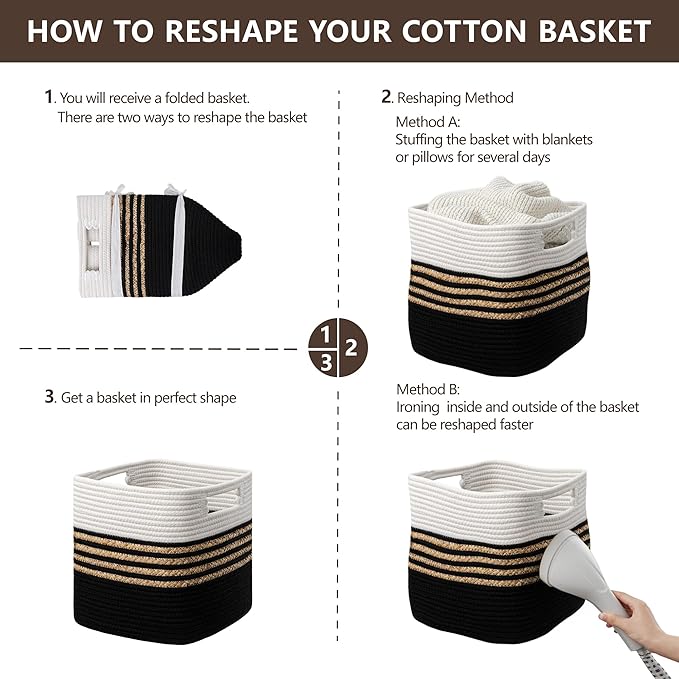 UBBCARE Set of 3 Storage Cubes 13 X 13 X 13 in, Water Hyacinth Storage Bins for Shelves, Toys, Book, Storage Baskets with Handles, Cotton Rope Woven Baskets for Organizing, Black