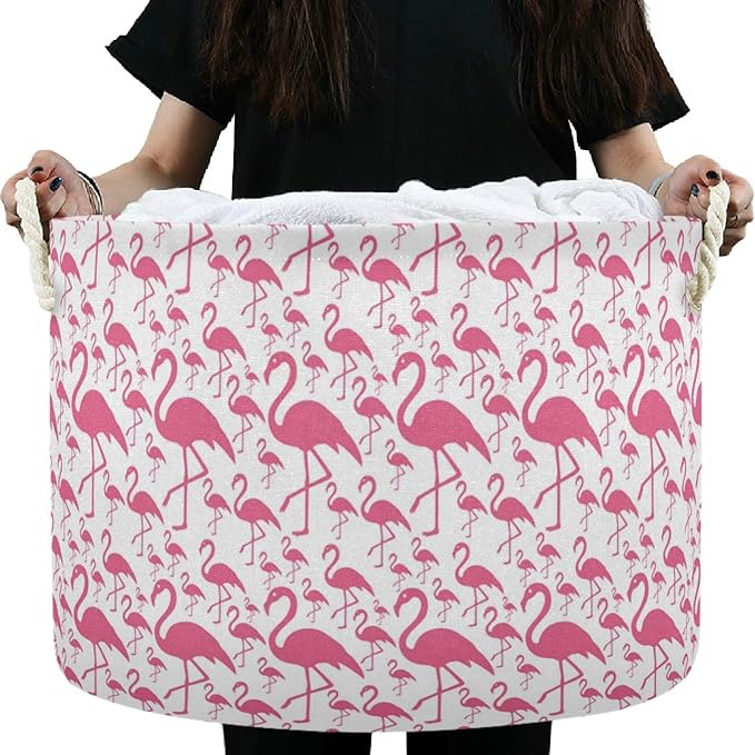 visesunny Pink Flamingo Collapsible Large Capacity Basket Storage Bin with Durable Cotton Handles, Home Organizer Solution for Office, Bedroom, Closet, Toys, Laundry