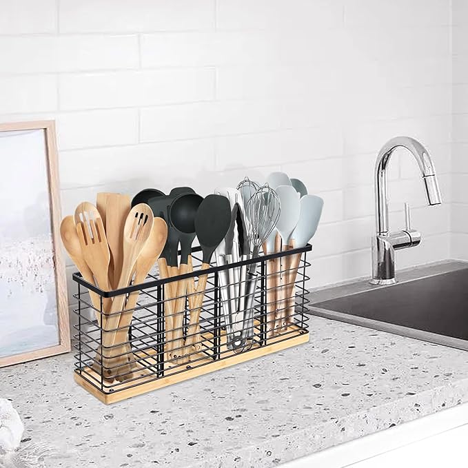 Suli Extra Large Kitchen Utensil Holder with 4 Compartments,Matte Black Metal holder with Wooden Base for Countertop,Farmhouse Utensil Organizer for counter, Rustic Cooking Utensil