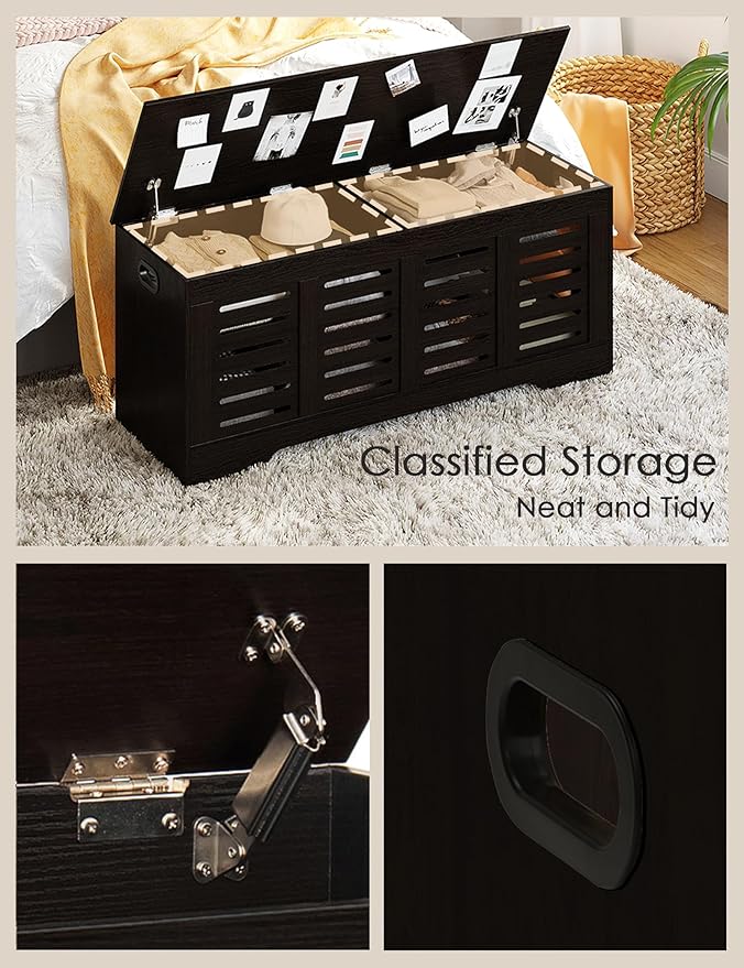 DINZI LVJ Storage Chest, 47.3â Wooden Toy Box with 2 Safety Hinges, Retro Entryway Shoe Storage Bench with Flip-Top, Sturdy Large Storage Trunk for Living Room, Bedroom, Easy Assembly, Espresso
