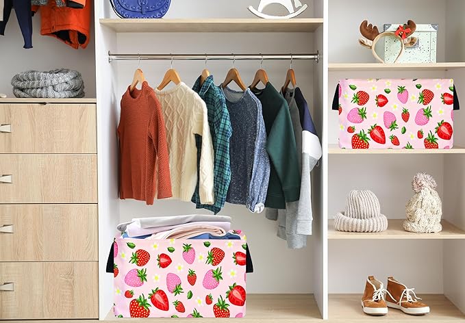 Strawberry Print Storage Box Girls Gifts Basket Clothes Hamper Basket Collapsible Organizer Bin Gift Shelf Baskets for Home and Kitchen Storage.